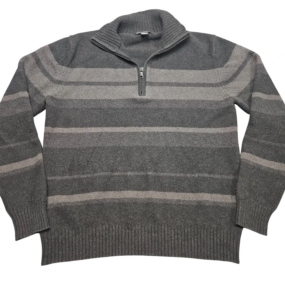 Banana Republic Mens Lambswool Cashmere‎ 1/4 Zip Large Gray Stripe Dark Academia